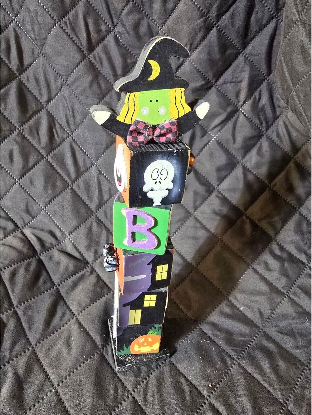 Handcrafted Wooden Halloween Decoration Stack with Witch, Skeleton, and Spooky 3